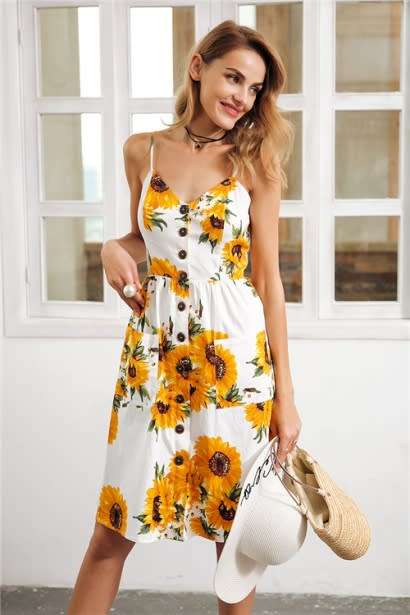 Strap v neck summer dress women Sunflower print backless casual dress vestidos Smocking high waist m