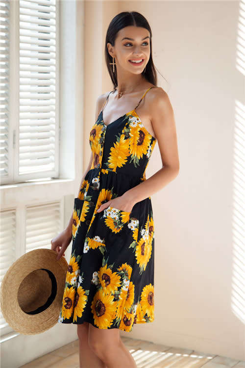 Strap v neck summer dress women Sunflower print backless casual dress vestidos Smocking high waist m
