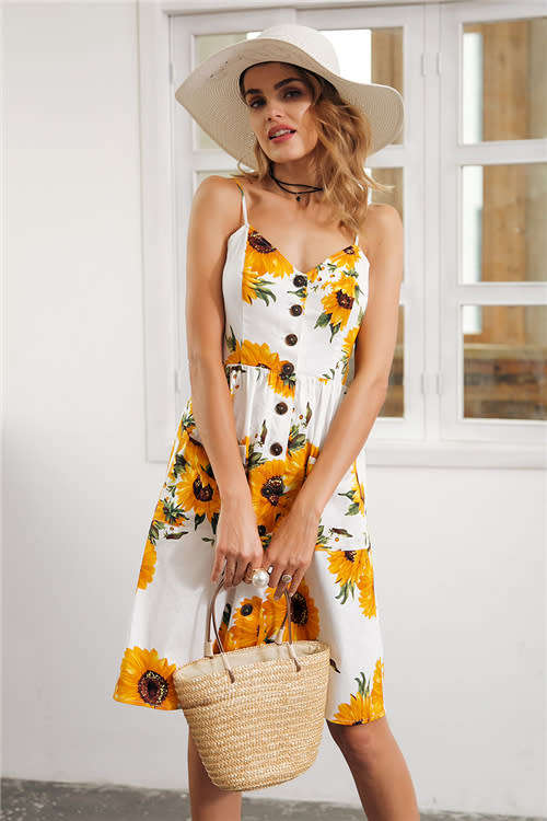 Strap v neck summer dress women Sunflower print backless casual dress vestidos Smocking high waist m