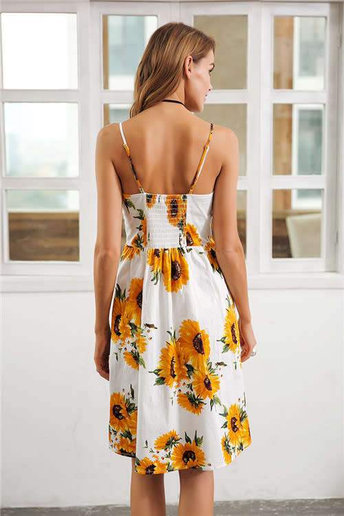 Strap v neck summer dress women Sunflower print backless casual dress vestidos Smocking high waist m