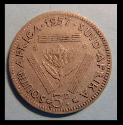 Crazy R1 Start! 1957 Silver Three Pence (3d) of the Union of South Africa