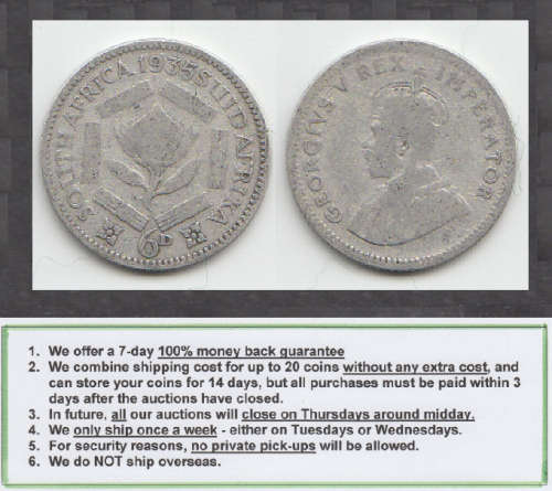 Crazy R1 Start! Union of South Africa, SILVER Sixpence (6d) of 1935