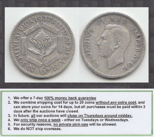 Crazy R1 Start! Union of South Africa, SILVER Sixpence (6d) of 1937