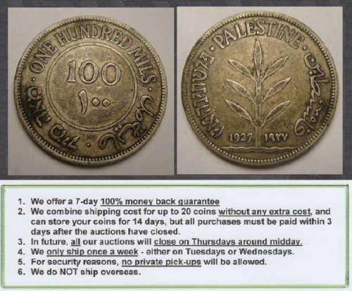 Crazy R1 Start! Palestine, SILVER 100 Mils of 1927 (Catalogue value R375+)