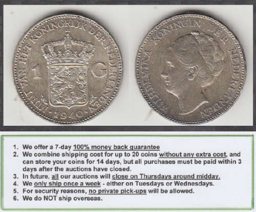 Crazy R Start! Netherlands, Queen Wilhelmina, SILVER One Gulden of 1940. (Cat. value R300+)