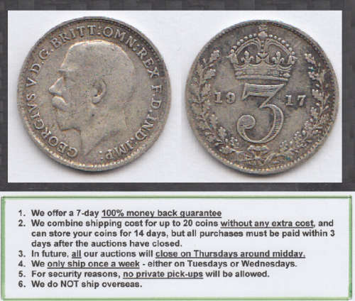 Crazy R1 Start! Great Britain, Sterling SILVER Three Pence of King George V of 1917