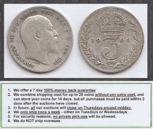 Crazy R1 Start! Great Britain, Sterling SILVER Three Pence of King Edward VII of 1906