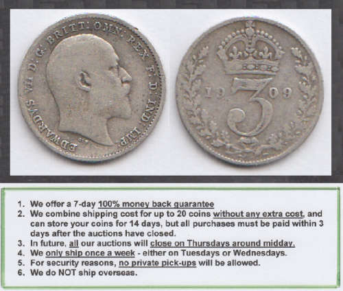Crazy R1 Start! Great Britain, Sterling SILVER Three Pence of King Edward VII of 1909