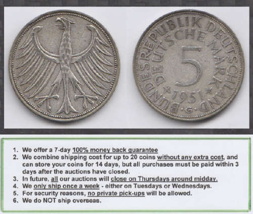 Crazy R1 Start! Germany, Large SILVER 5-Mark of 1951 (G Mintmark)