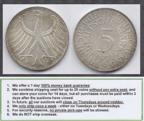Crazy R1 Start! Germany, Large SILVER 5-Mark of 1971 (G Mintmark)