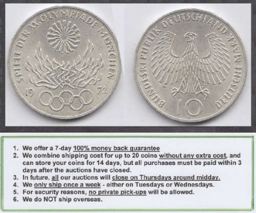 Crazy R1 Start! Germany, Large SILVER 10-Mark of 1972 Olympic Games (J Mintmark)