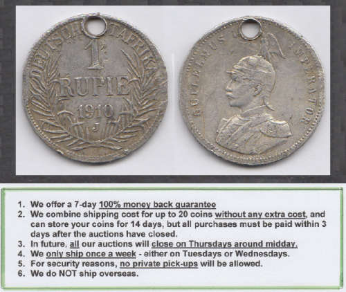 Crazy R1 Start! German East Africa, Large SILVER One Rupie of 1910 (J Mintmark)