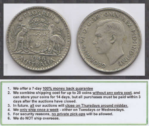 Crazy R1 Start! Australia, SILVER Florin (2-Shillings) of King George VI of 1946