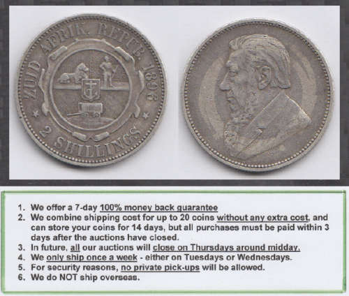 Crazy R1 Start! ZAR, Paul Kruger SILVER Two Shillings (2/-) of 1896 (Very Fine)