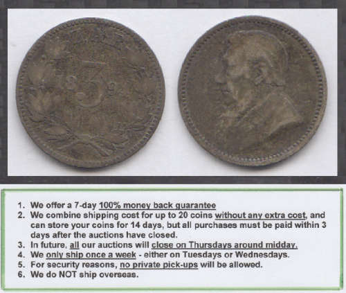 Crazy R1 Start! ZAR, Paul Kruger, SILVER Threepence / Tickey of 1894