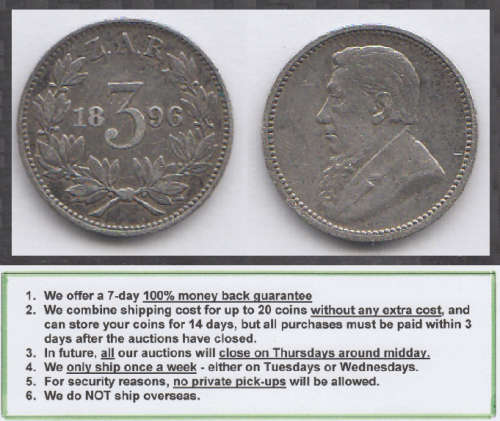 Crazy R1 Start! ZAR, Paul Kruger, SILVER Threepence / Tickey of 1896