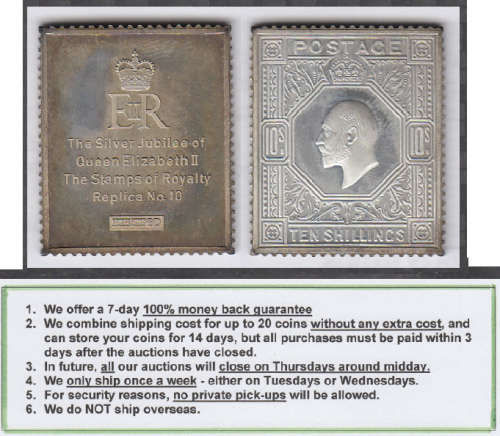 Crazy R1 Start! STERLING SILVER MEDAL, Stamps of Royalty, Edward VII, 10 Shillings (20.3 grams)