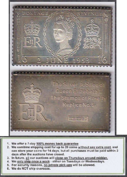 Crazy R1 Start! STERLING SILVER MEDAL, Stamps of Royalty, QE II, 1/6-  (19.4 grams)