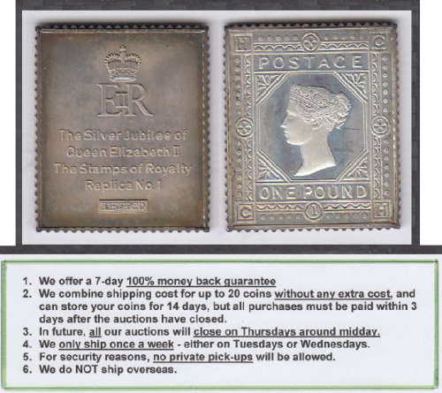Crazy R1 Start! STERLING SILVER MEDAL, Stamps of Royalty, Queen Victoria 1 Pound (19.9 grams)