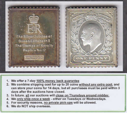Crazy R1 Start! STERLING SILVER MEDALLION, Stamps of Royalty, Edward VII, 1 Penny (10.1 grams)