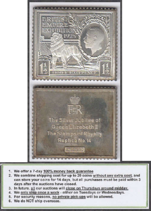 Crazy R1 Start! STERLING SILVER MEDALLION, Stamps of Royalty, George V, 3 Halfpence (19.9 grams)
