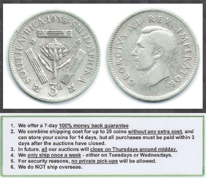 Crazy R1 Start! Union of South Africa, SILVER Three Pence of 1938