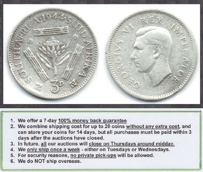 Crazy R1 Start! Union of South Africa, SILVER Three Pence of 1944