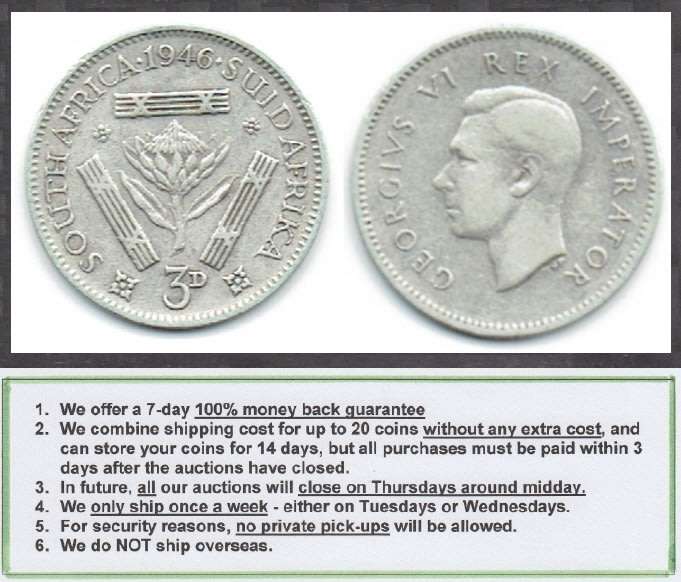 Crazy R1 Start! Union of South Africa, SILVER Three Pence of 1946