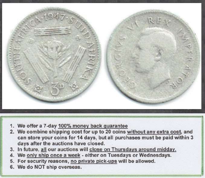 Crazy R1 Start! Union of South Africa, SILVER Three Pence of 1947