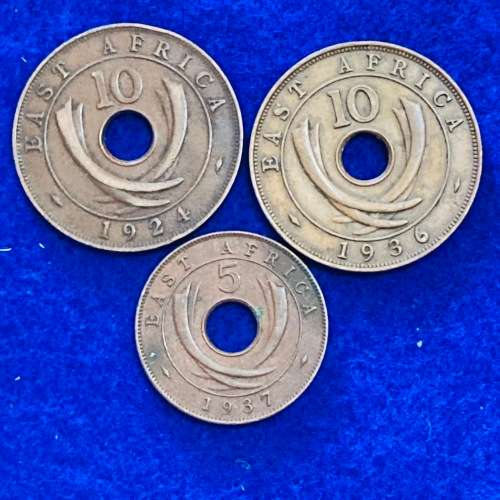 East Africa 10c - 1924, 1936 and 1937 5c (one bid takes all)