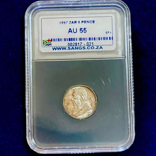 ZAR 1897 Six Pence SANGS Graded AU 55 EF+