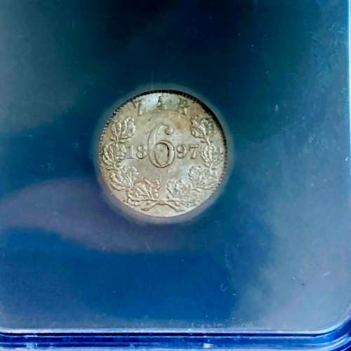 ZAR 1897 Six Pence SANGS Graded AU 55 EF+