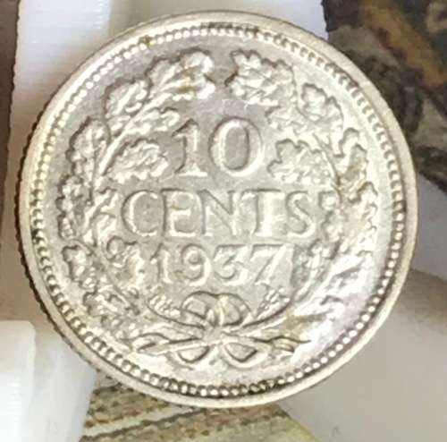 1937 TEN CENT (SILVER) NEDERLAND QUEEN WILHELMINA COIN FULL DETAIL