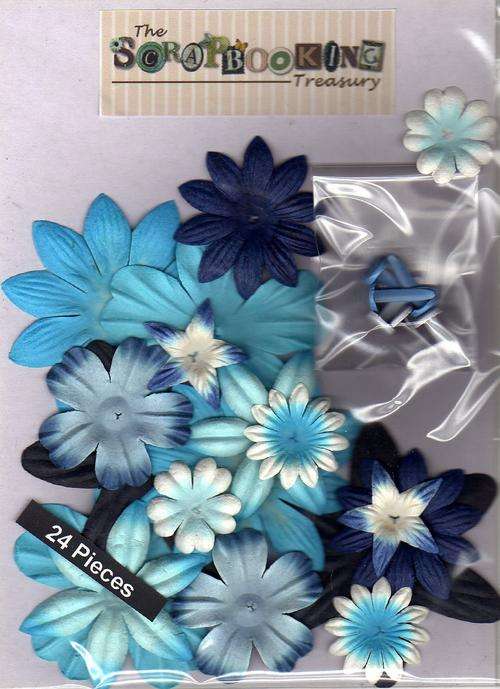 BEAUTIFUL set of Blue Paper Flowers & Brads - 24 Pieces
