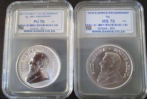 ( LOW START )..KRUGERRANDS..TWO PERFECT COINS...2017 & 2018...1oz  999.9 %. PURE SILVER..BID PER SET