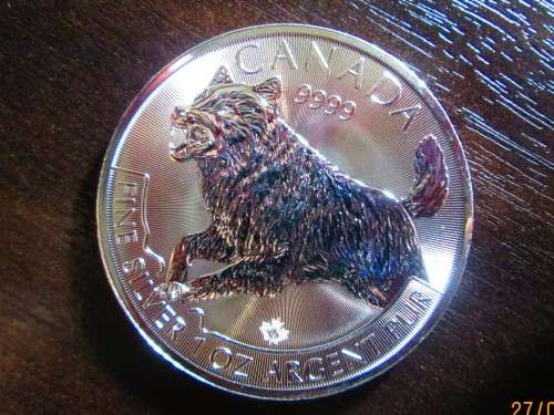 ( LOW START )     CANADIAN WOLF       1oz 999.9% PURE SOLID SILVER BULLION