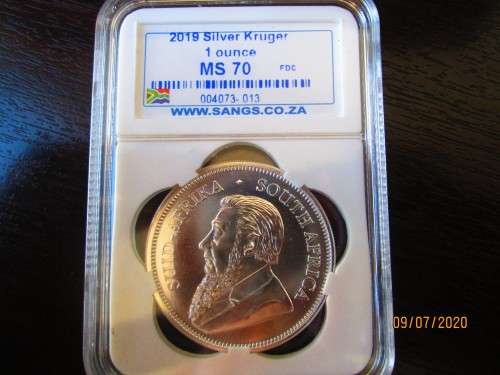 ( LOW START )   PERFECT  2019   MINTSTATE   "  MS70 "  1oz 999.9%  PURE SOLID SILVER KRUGERRAND
