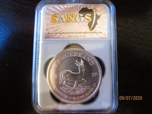 ( LOW START )   PERFECT  2019   MINTSTATE   "  MS70 "  1oz 999.9%  PURE SOLID SILVER KRUGERRAND