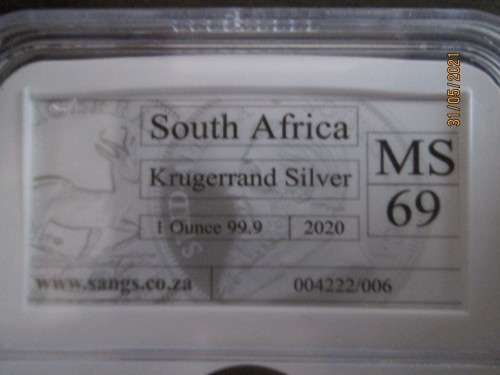 ( LOW START )   2020   MINTSTATE   "  MS69 "  1oz 999.9%  PURE SOLID SILVER KRUGERRAND