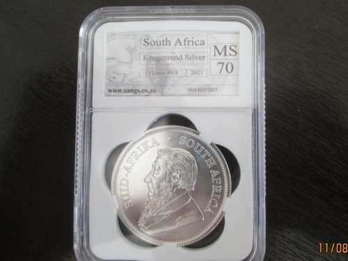 ( LOW START )  PERFECT  2021    CERTIFIED MINTSTATE  MS70  1oz  PURE SILVER KRUGERRAND