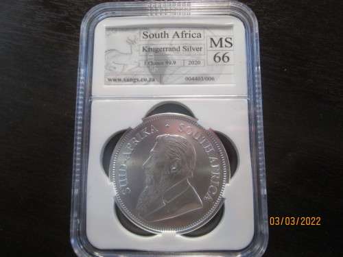( LOW START )  2020   1oz SILVER KRUGERRAND   MINTSTATE GRADE MS66  AUTHENTICATED
