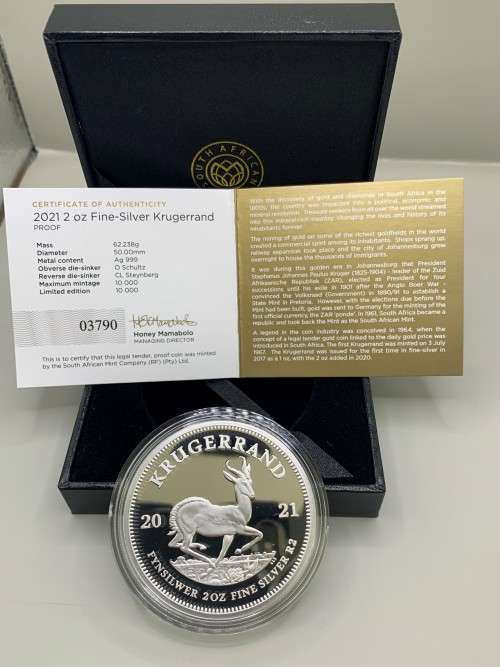 2021  KRUGERRAND   (TWO OUNCE )  PROOF  PURE SILVER  LIMITED EDITION CERTIFIED