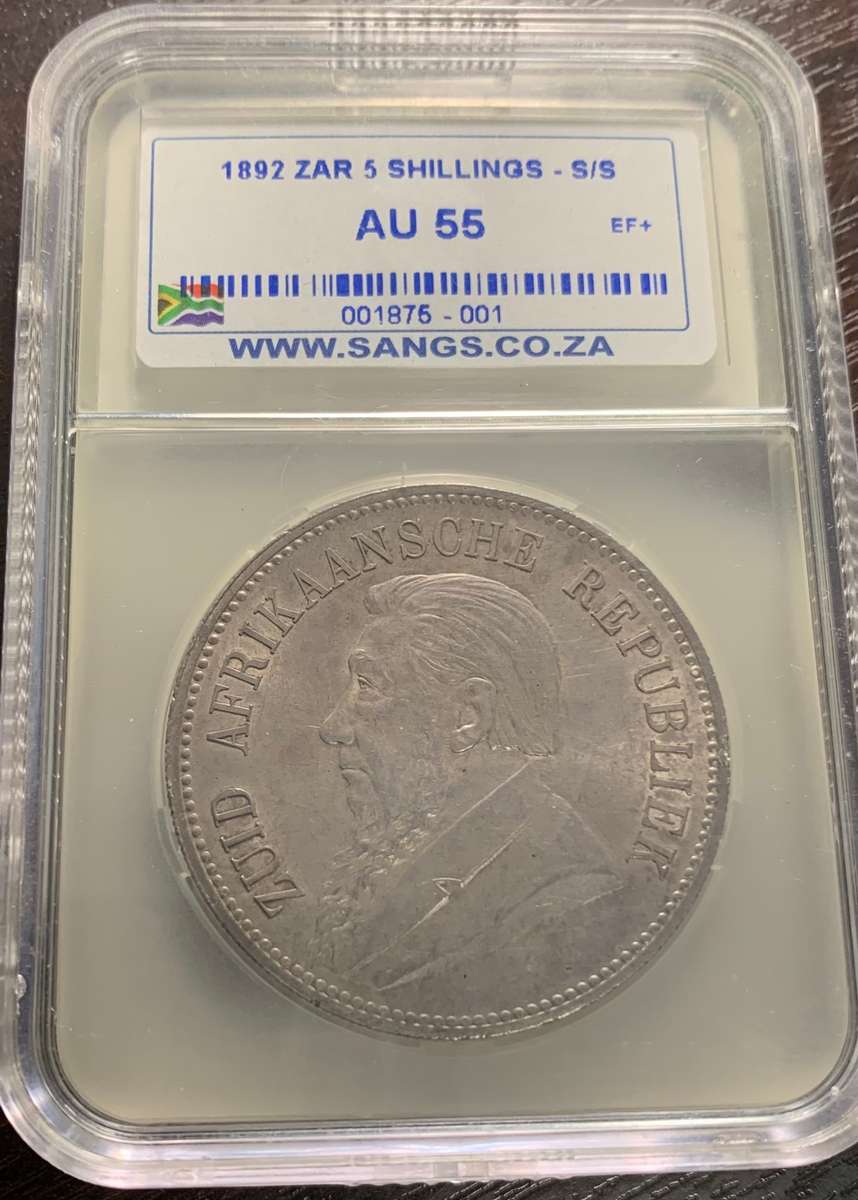 (  LOW MINTAGE  )  1892   ZAR   SINGLE SHAFT    PRE-WAR    SILVER 5 SHILLINGS   GRADED   EF- AU 55