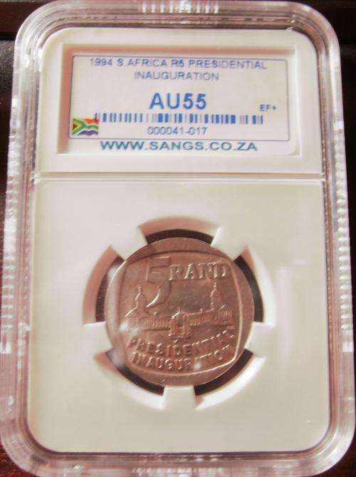 ((((  CRAZY ONE RAND ))))....ALMOST UNC....AU55...1994  R5 COIN.....MANDELA'S  INAUGURATION.