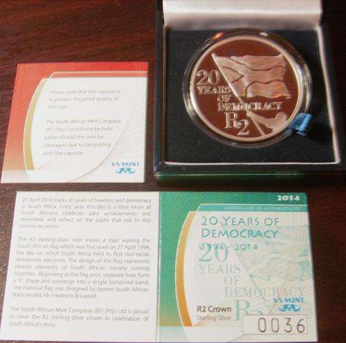20 years of RSA DEMOCRACY...1994 - 2014...R2 STERLING SILVER... PROOF CROWN..WITH C.O.A.