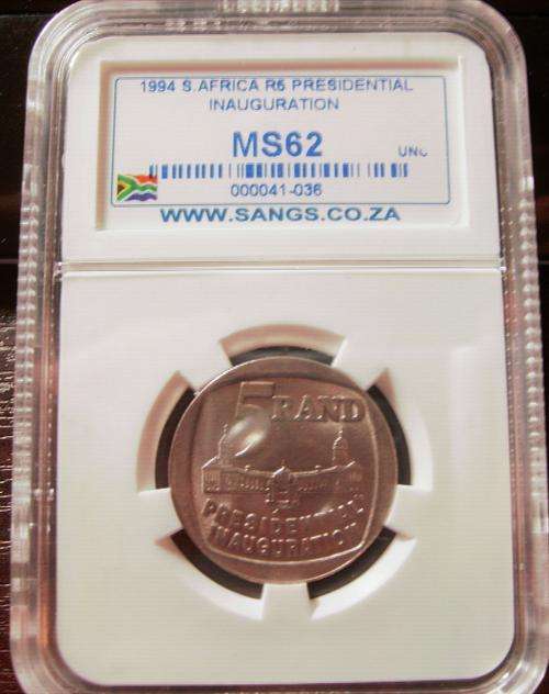 1994  R5 COIN...MANDELA INAUGURATION...GRADED MINTSTATE MS62