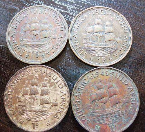 FOUR 1949 TO 1956 KING GEORGE /  QUEEN ELIZABETH....UNION OF S.A... PENNIES..ONE BID FOR ALL