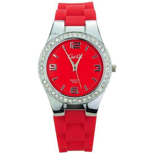 Soft Silicone Band Round Dial Rhinestones Quartz Movement Watch-Red