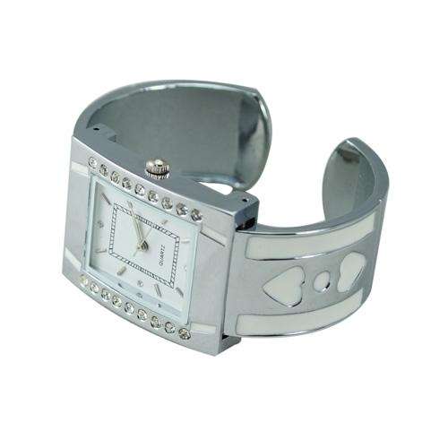 Stainless Steel Hinge Bracelet Quartz Movement Watch Set with Rhinestones