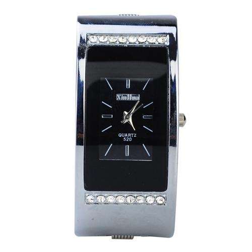 Stylish Metal Hinge Bracelet Quartz Movement Watch Set with Rhinestones